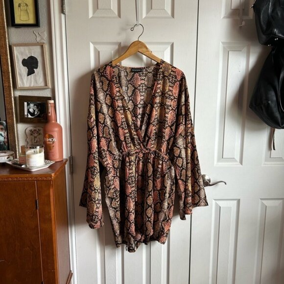 orange & brown snake print long bell sleeve party romper - Picture 1 of 5